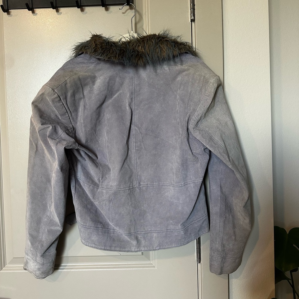 Outbrook Faux Fur Collar Belted Vintage Dusty Periwinkle Suede Jacket - Picture 2 of 10